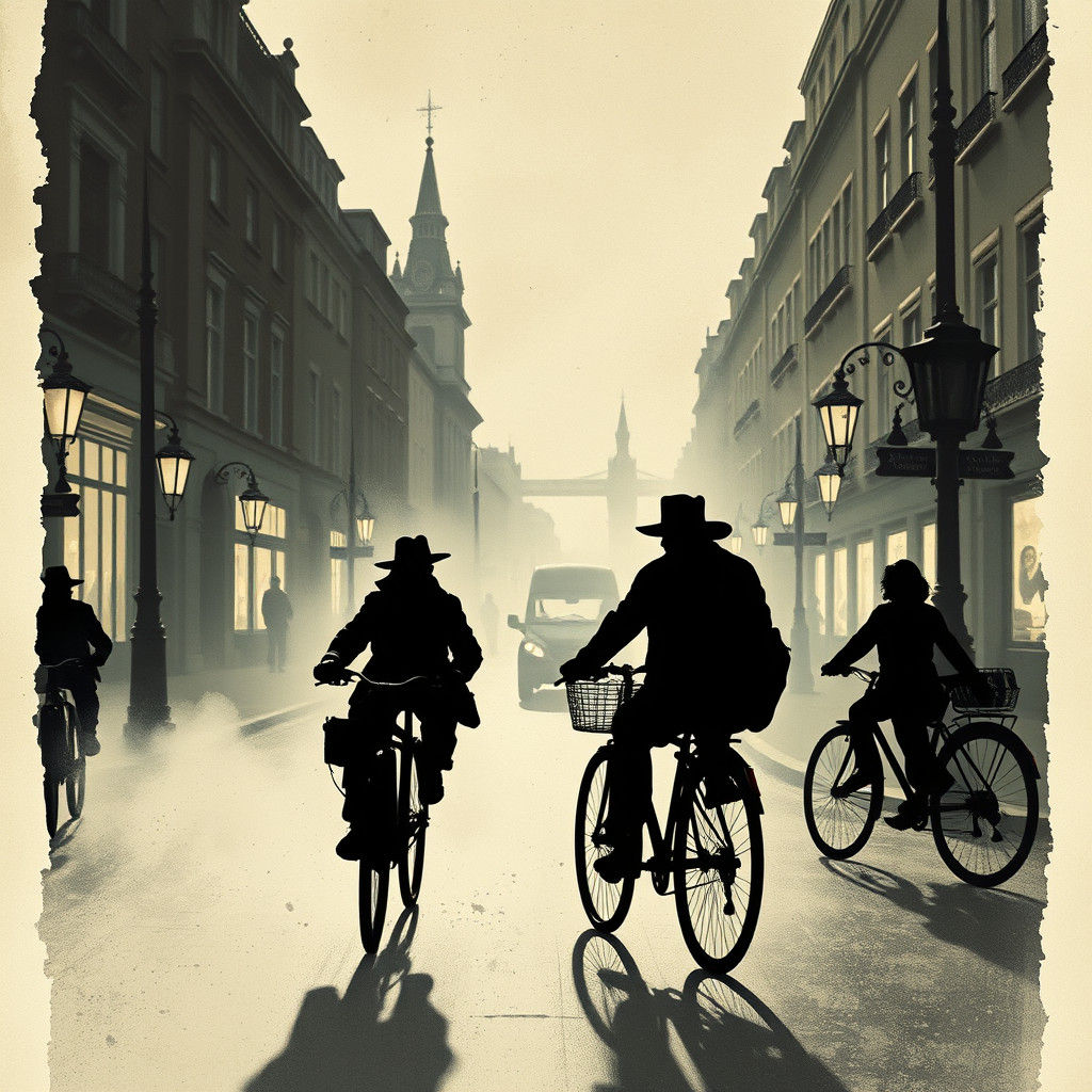 London Cyclists in Steampunk Silhouette Ink Painting