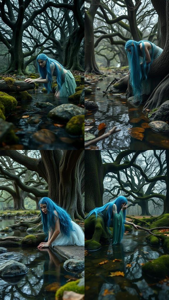 Blue-Haired Nymph at Woodland Spring: Hyperrealistic Image