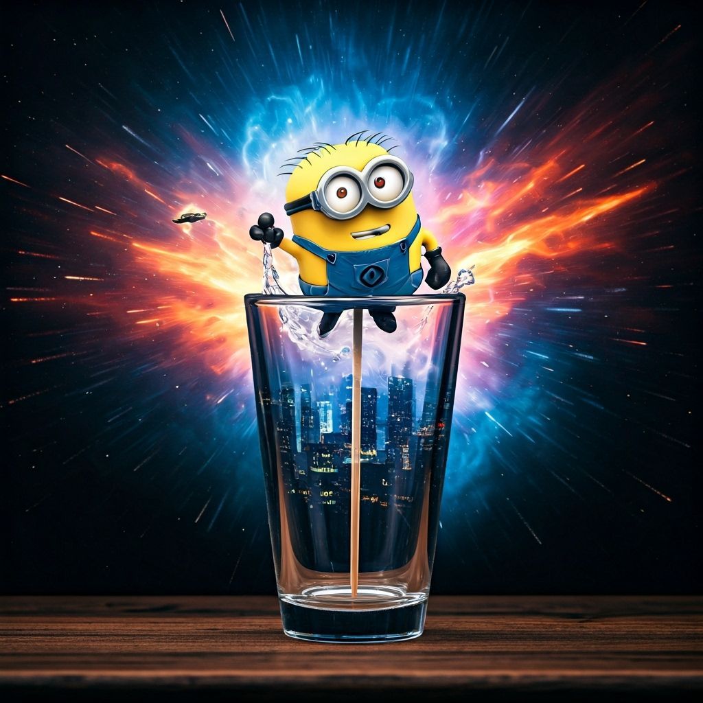 Minion Diving From Glass Cup in Nebula Cityscape