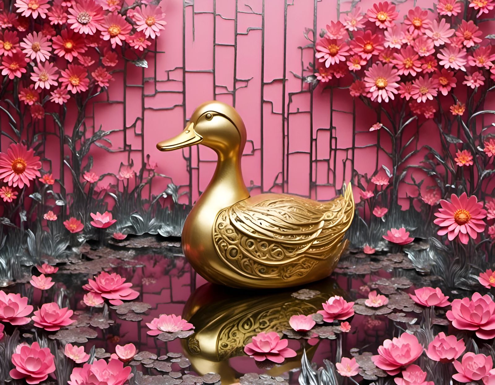 Happy Metal Duck in Metallic Pond