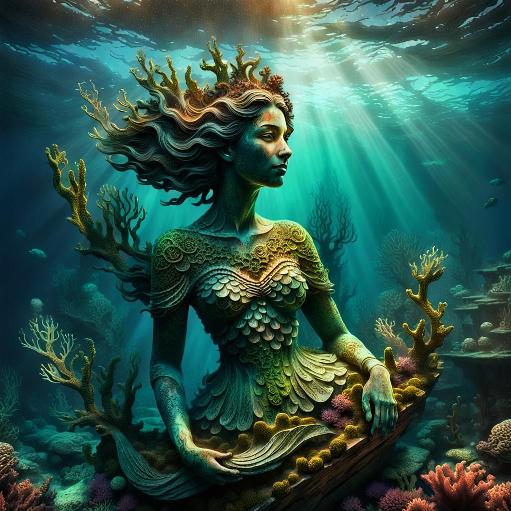 Sunken Ship Mermaid Figurehead in Deep Sea