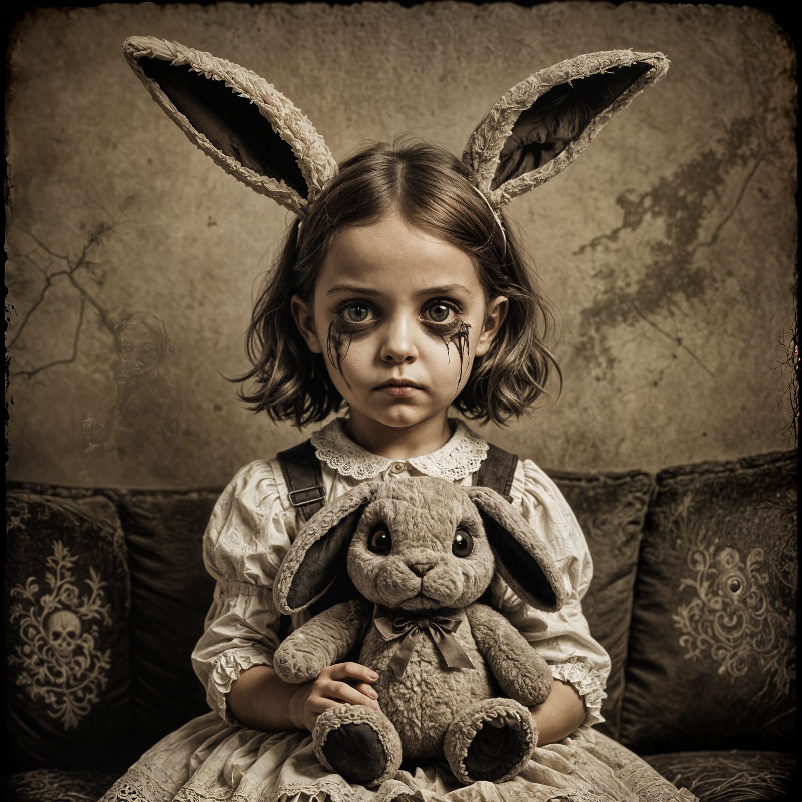Girl and Her Giant Creepy Zombie Bunny - Vintage Photo