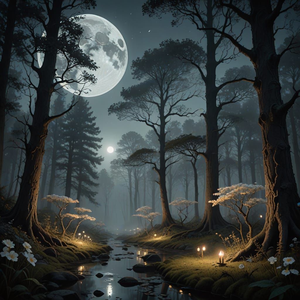 Mystical Moonlit Forest with Glowing Moons, Hyperrealistic