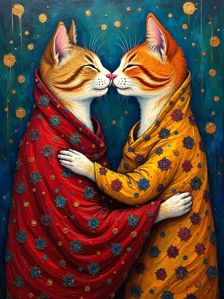 Kissing Cats in Klimt-Inspired Impasto Painting