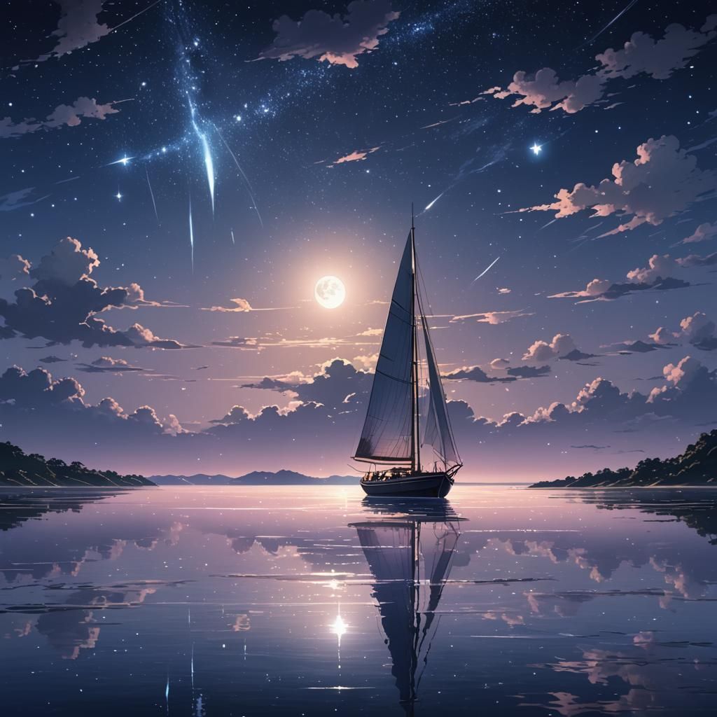 An anime-style night scene featuring a sailboat gliding acro...