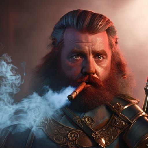Seth Green, dwarf smoking a pipe holding a Flintlock-pistol, working in a tavern as a chef, head and shoulders portrait,...