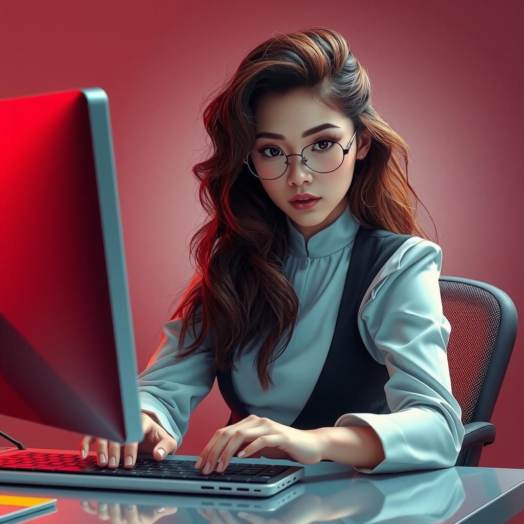 Elegant Woman at Computer in Digital Art Style