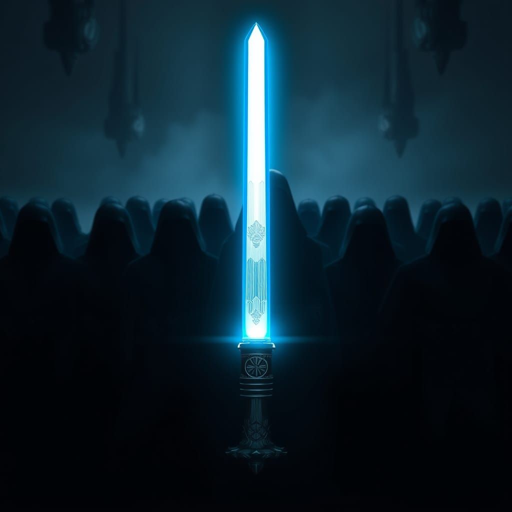 Lightsaber Guarded by Shadowy Figures in Cinematic Style