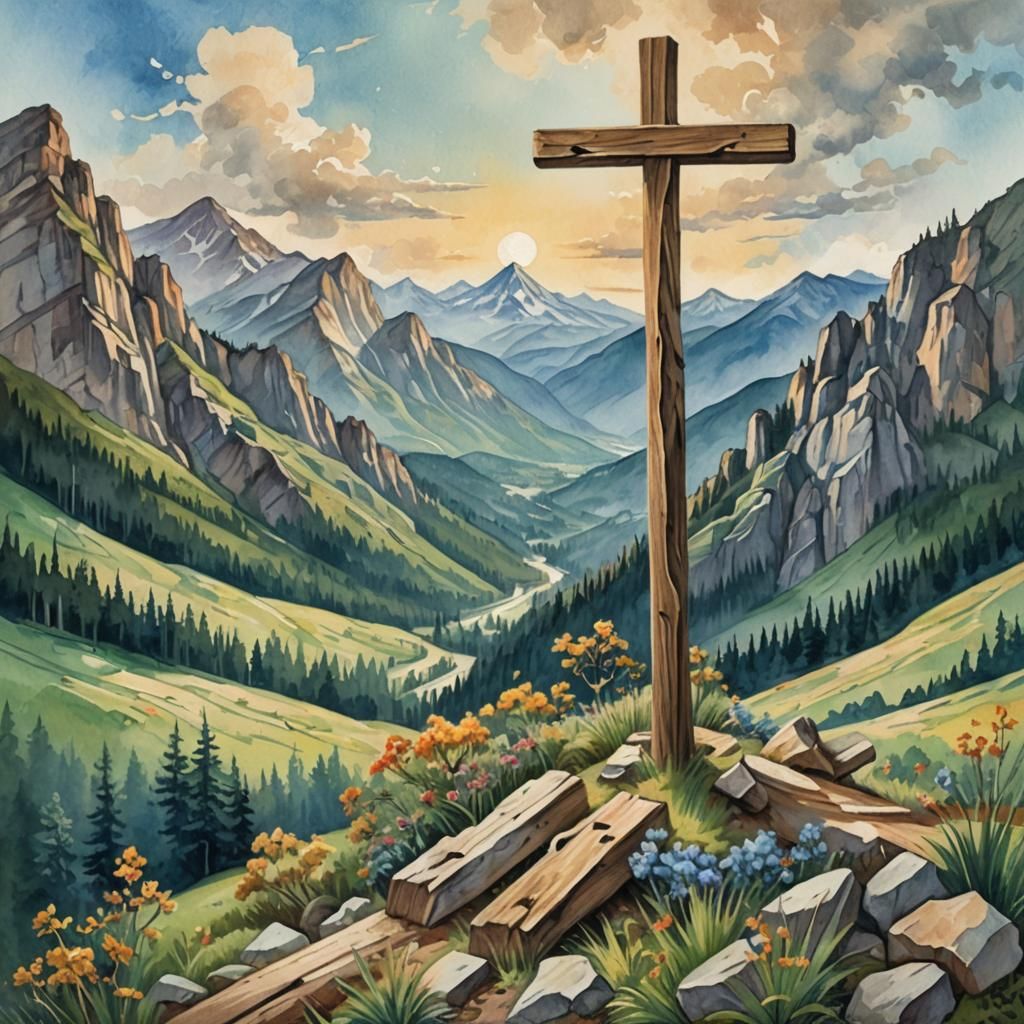 Mountain Cross: An Impressionist Gouache-Style Illustration
