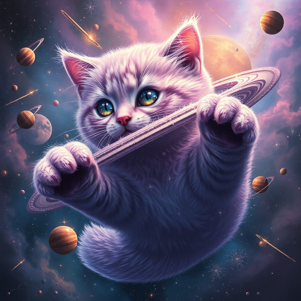 Cosmic Kitten Plays with Planets in Space