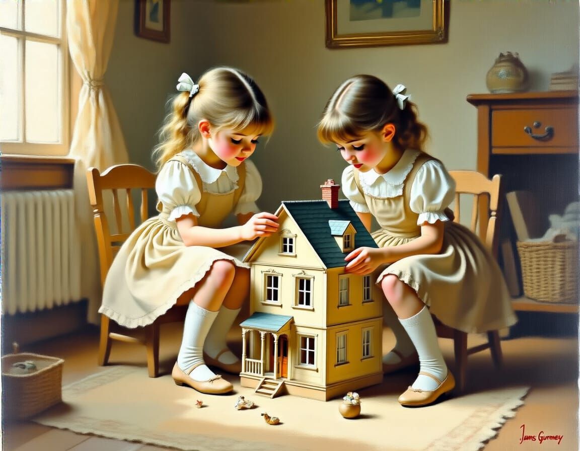 Girls Playing with Dollhouse, in Gurney Style