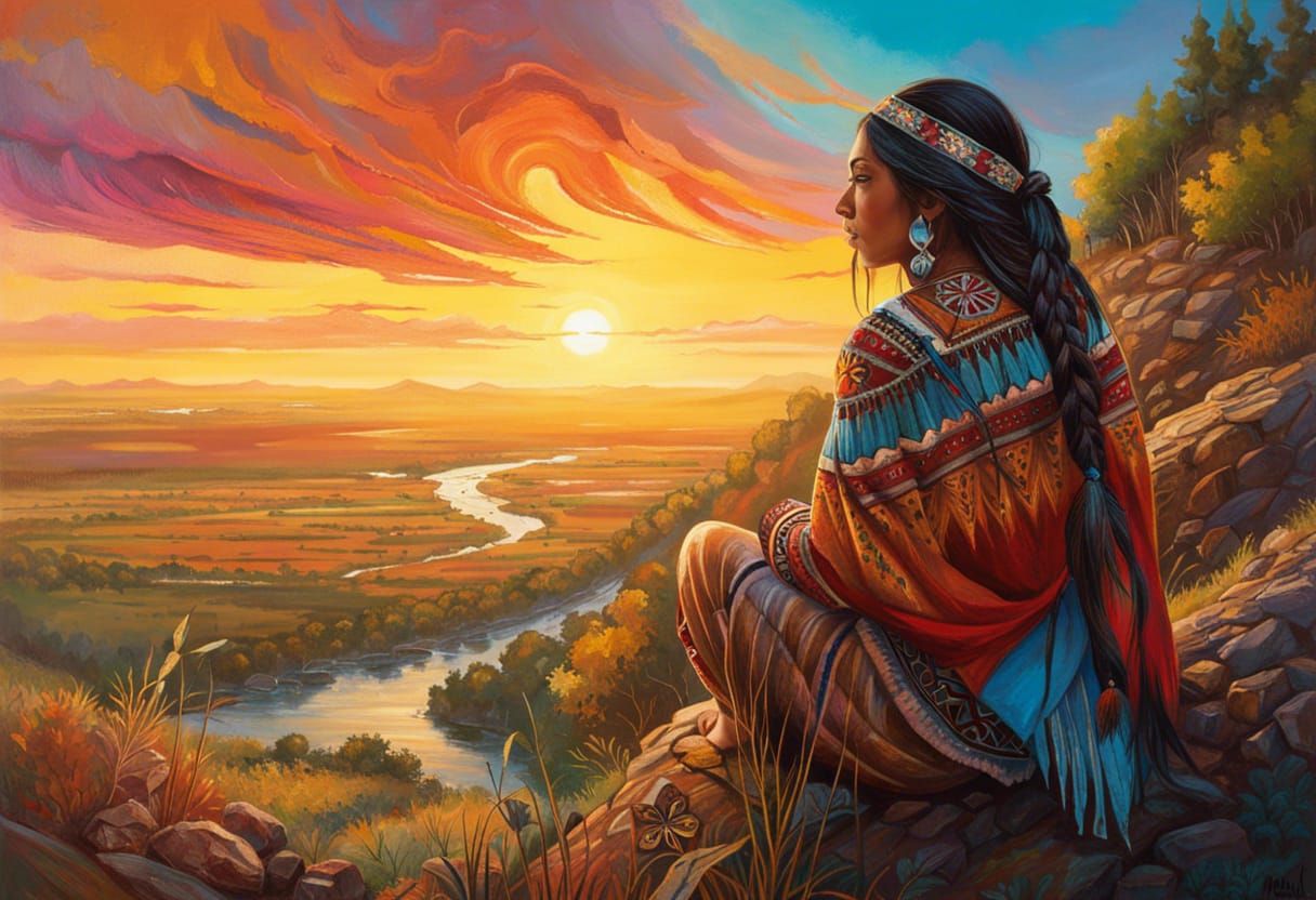 Native American Woman at Sunset: Hyperdetailed Fantasy Art