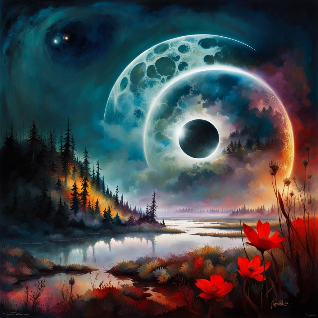 Mythological Landscape with Eclipse in Watercolor Style