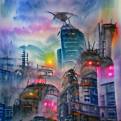 Cyberpunk Cityscape in Watercolor HDR