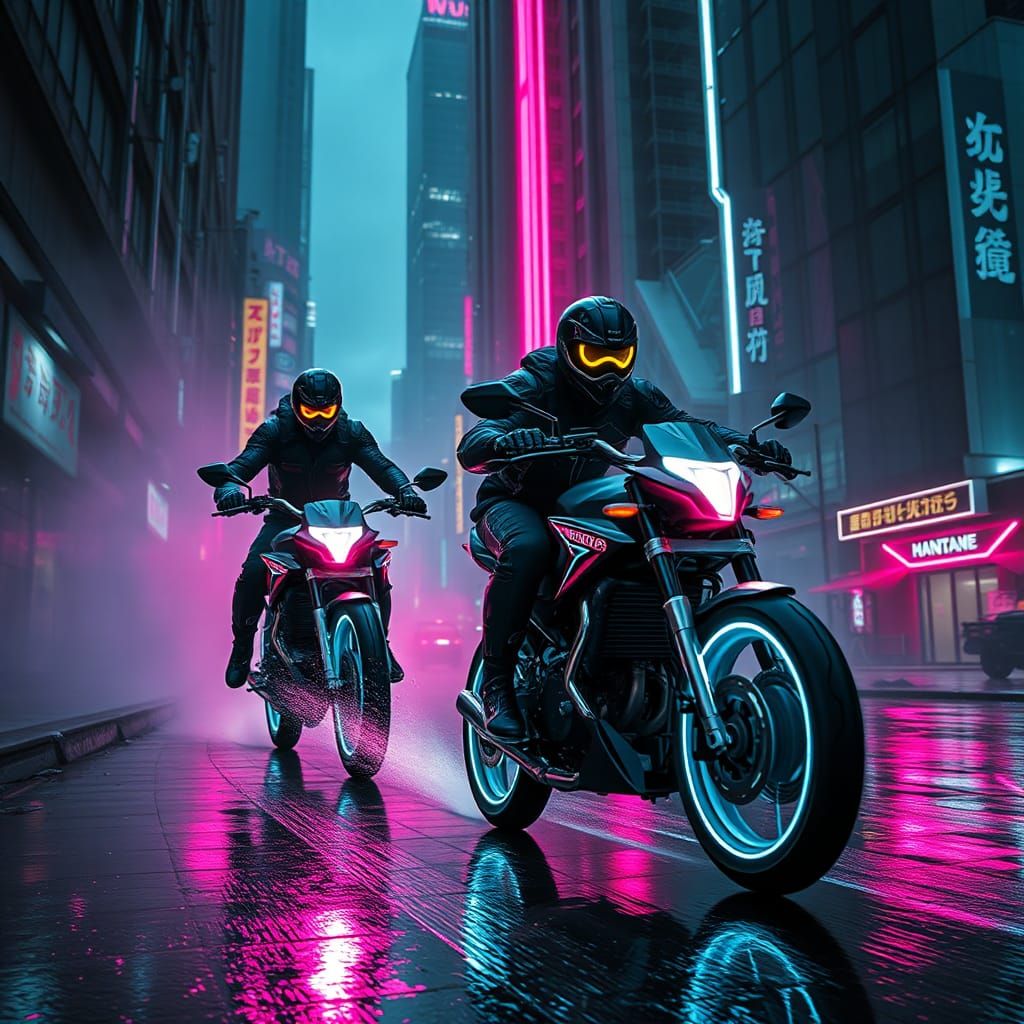 Cybernetic Humans Racing in Dystopian Cyberpunk City