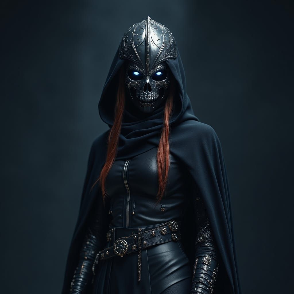 Mysterious Red-Haired Assassin in Dark Leather Armor