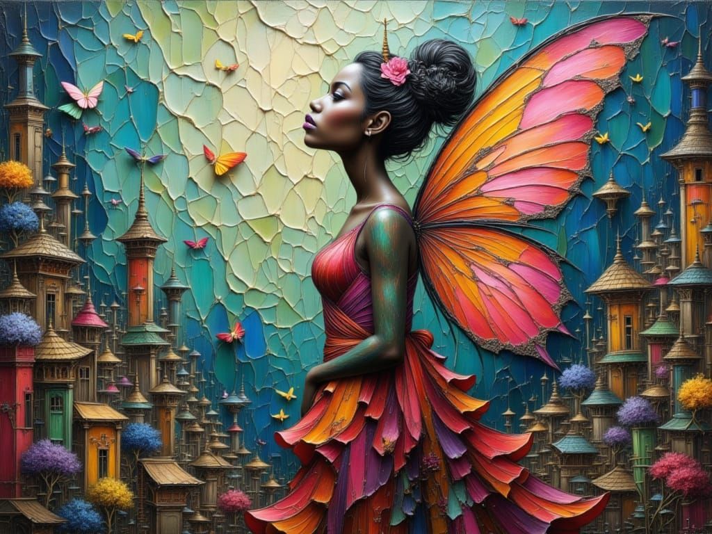 Fairy in Kaleidoscopic Cityscape as Impasto Painting
