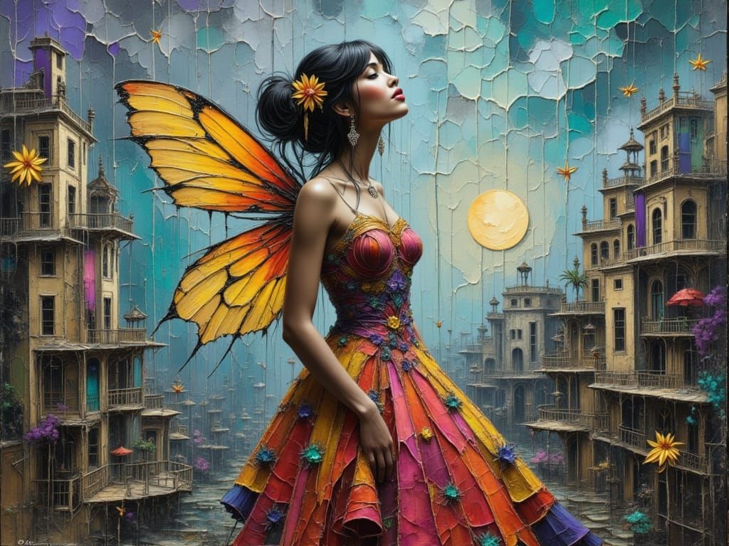 Fractal Fairy Gazing at Rainy Cityscape