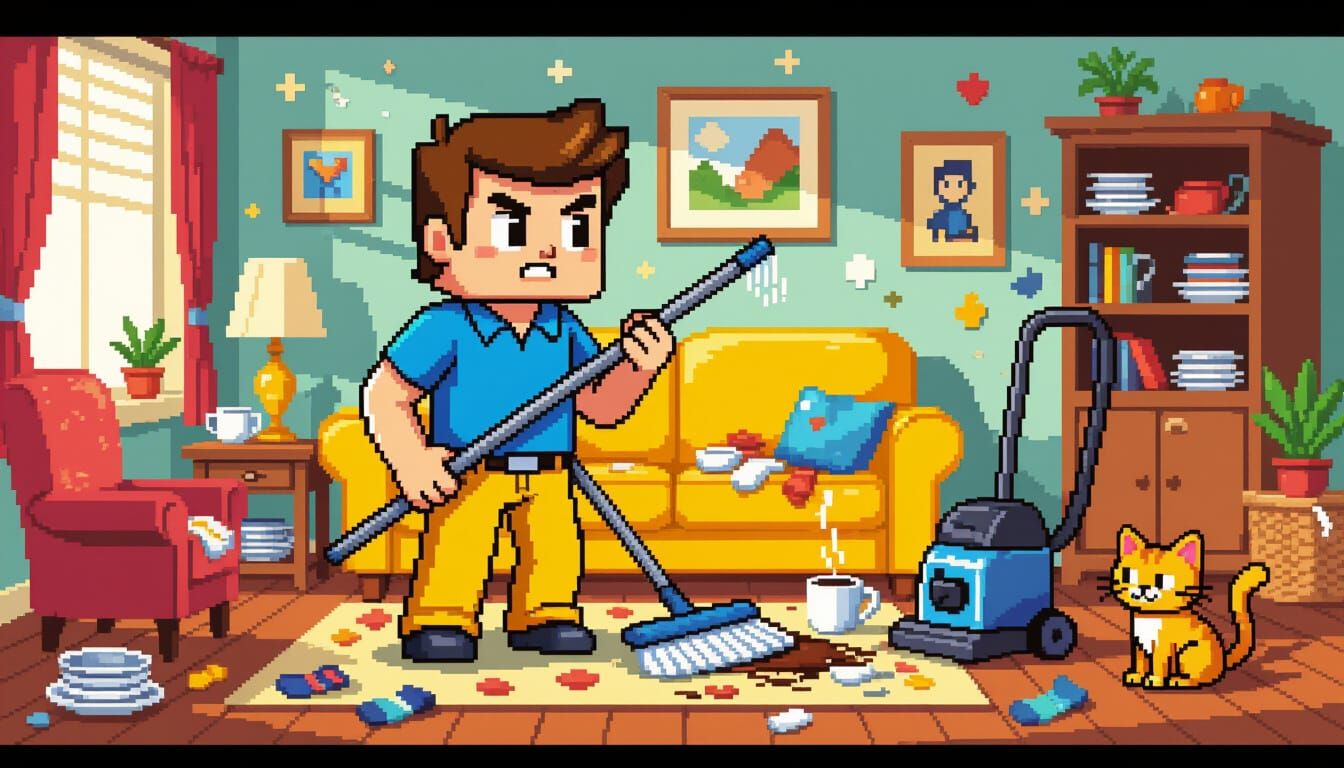 Frustrated Pixel Character in Messy Room, Pixel Art
