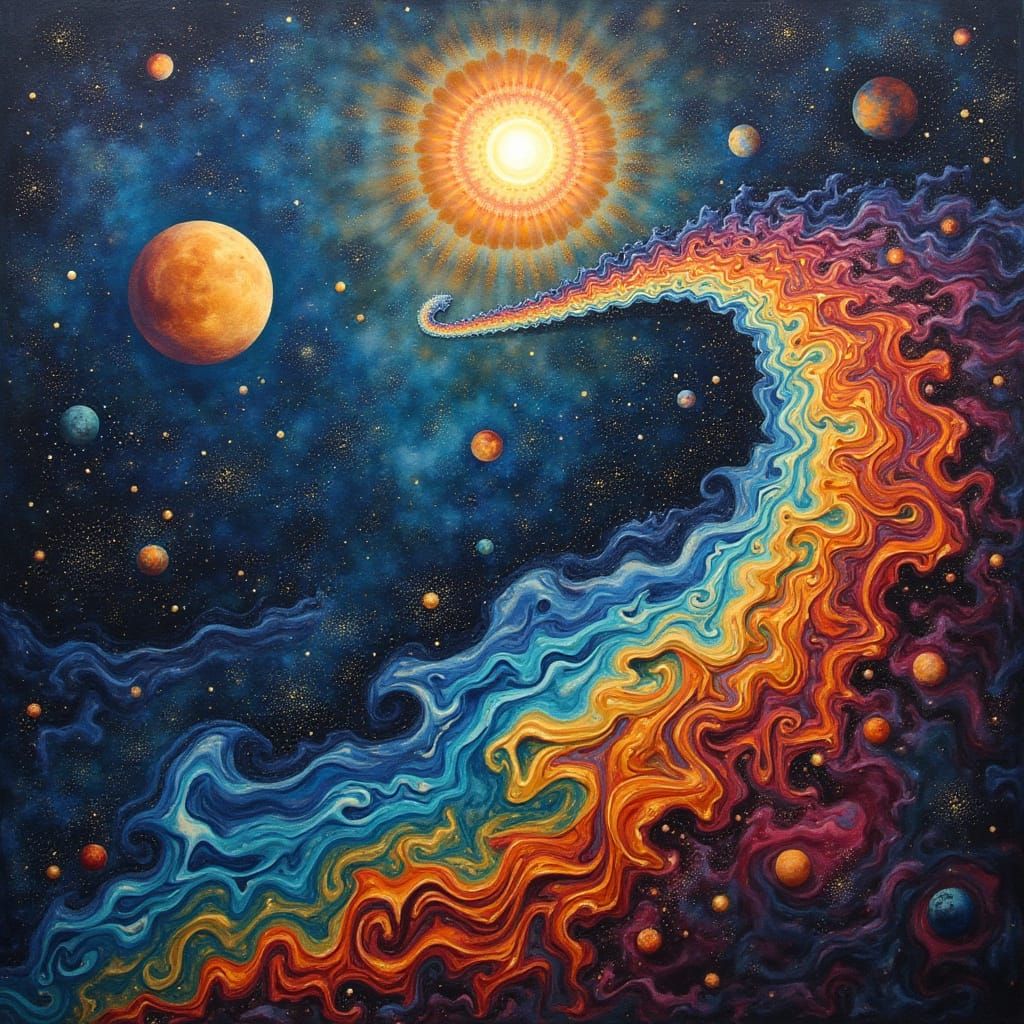 Surreal Space Nebula with Planets in Oil on Canvas