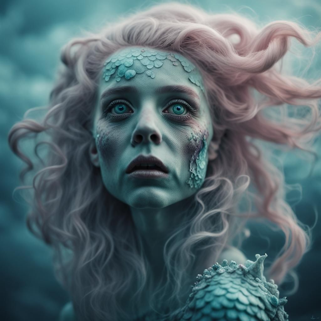 Cloud Mermaid Portrait in Pastel, Burton Style