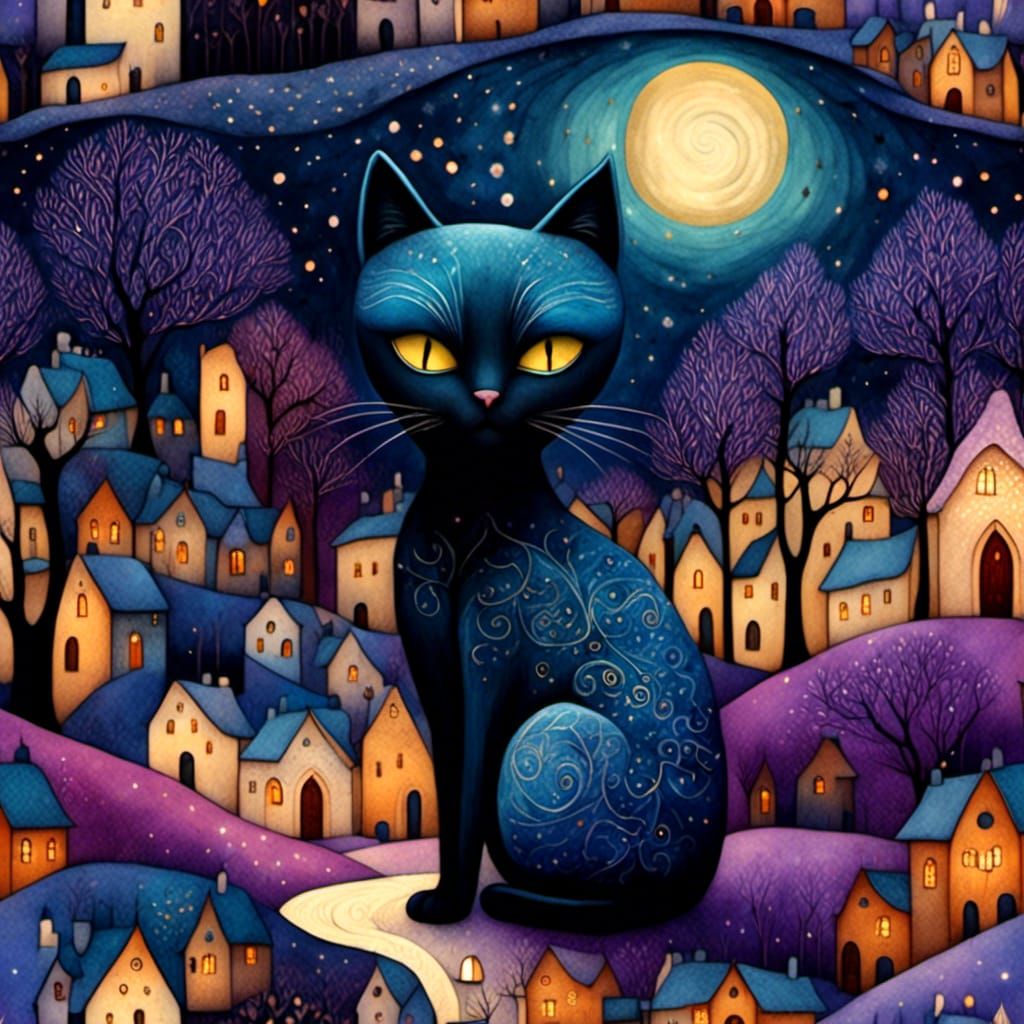 Black Cat in Candlelit Village, Art Brut Style