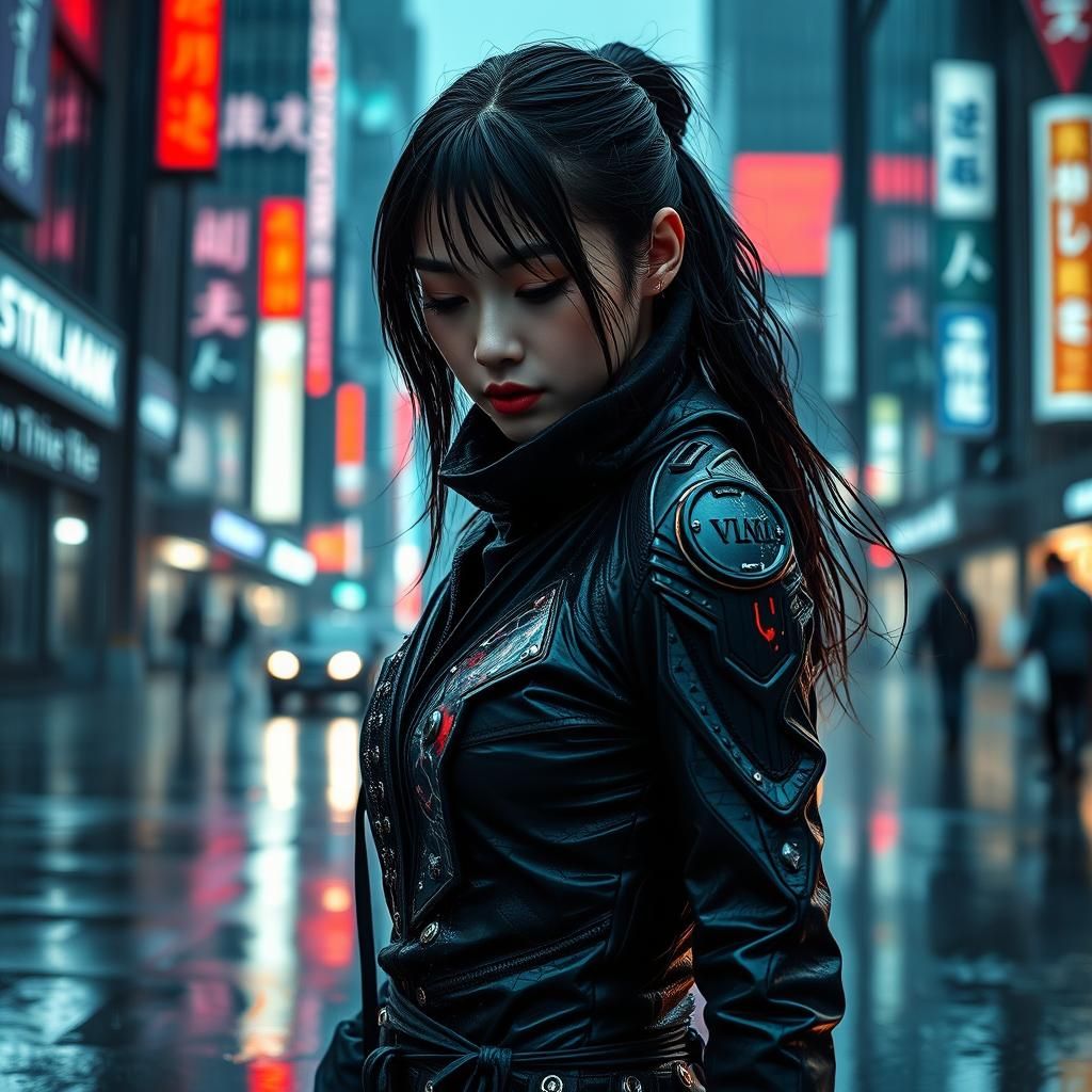 Cyberpunk Ninja in Rain-Soaked City at Dusk