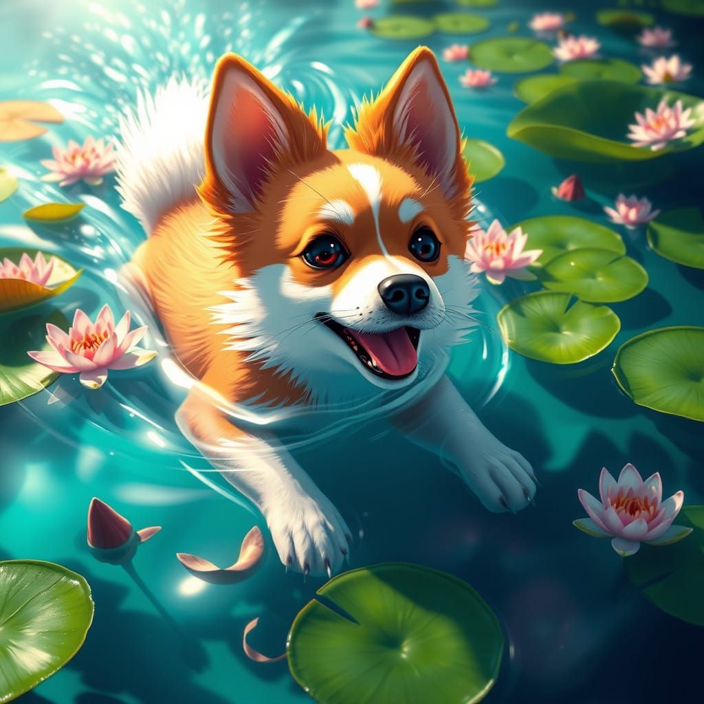 Anime Canine in Lush Pond with Waterlilies
