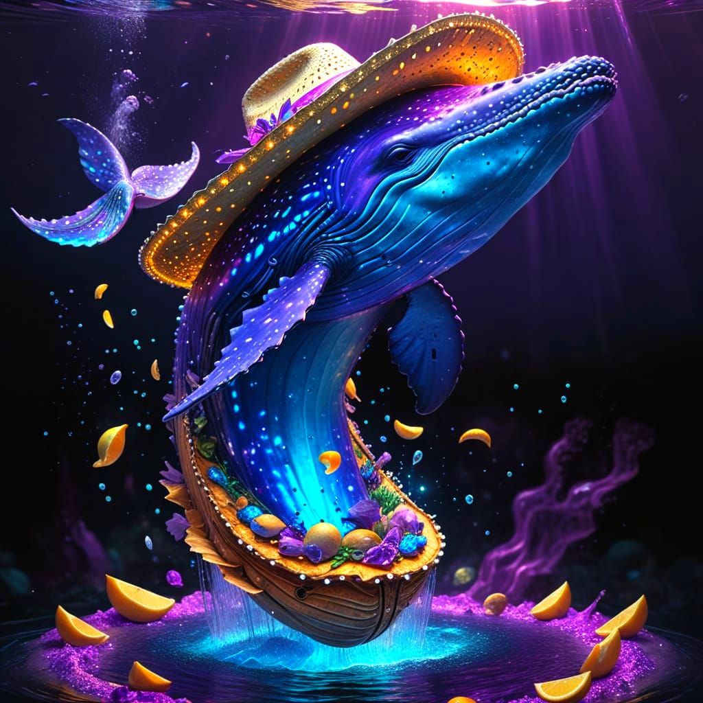 Psychedelic Whale in Chicken Kyiv Sea, Hyperrealistic