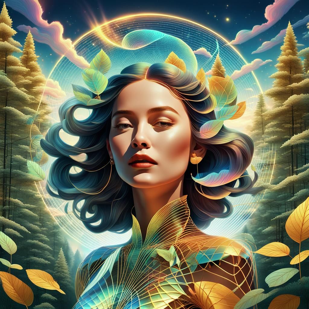 Surreal Holographic Goddess in a Magical Sunrise Forest