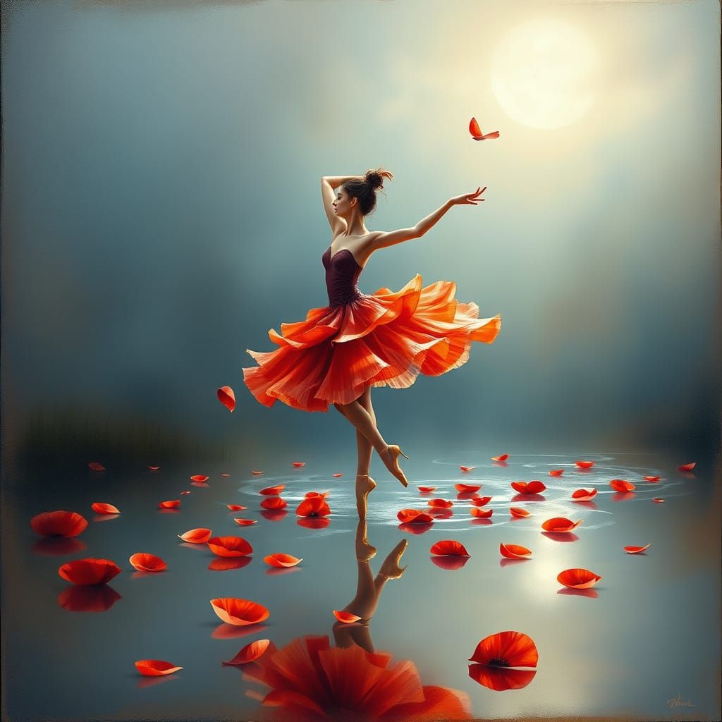 Poppy Petal Ballerina Dances on Mirror Lake Under Moon