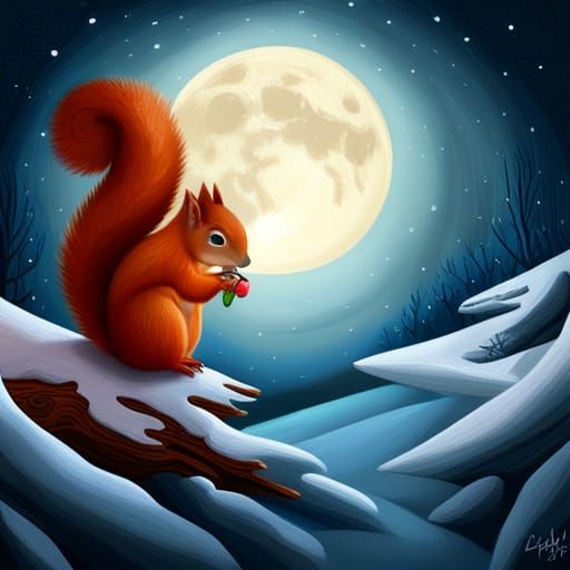 Red Squirrels Under Starry Sky, Pastel Painting