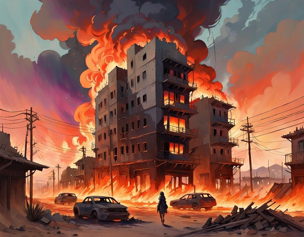 Apocalyptic Desert Town Ablaze: Manga Illustration