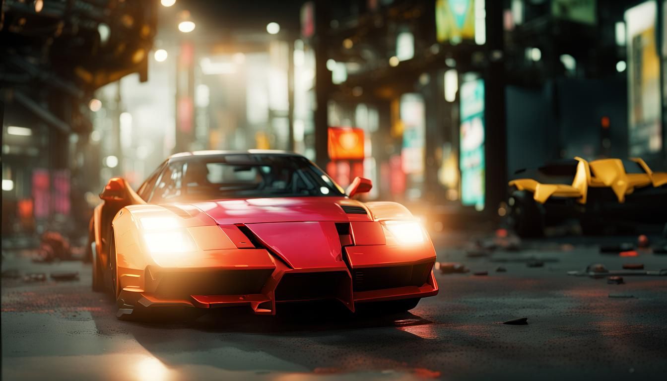 Cyberpunk Car in Dystopian Cityscape