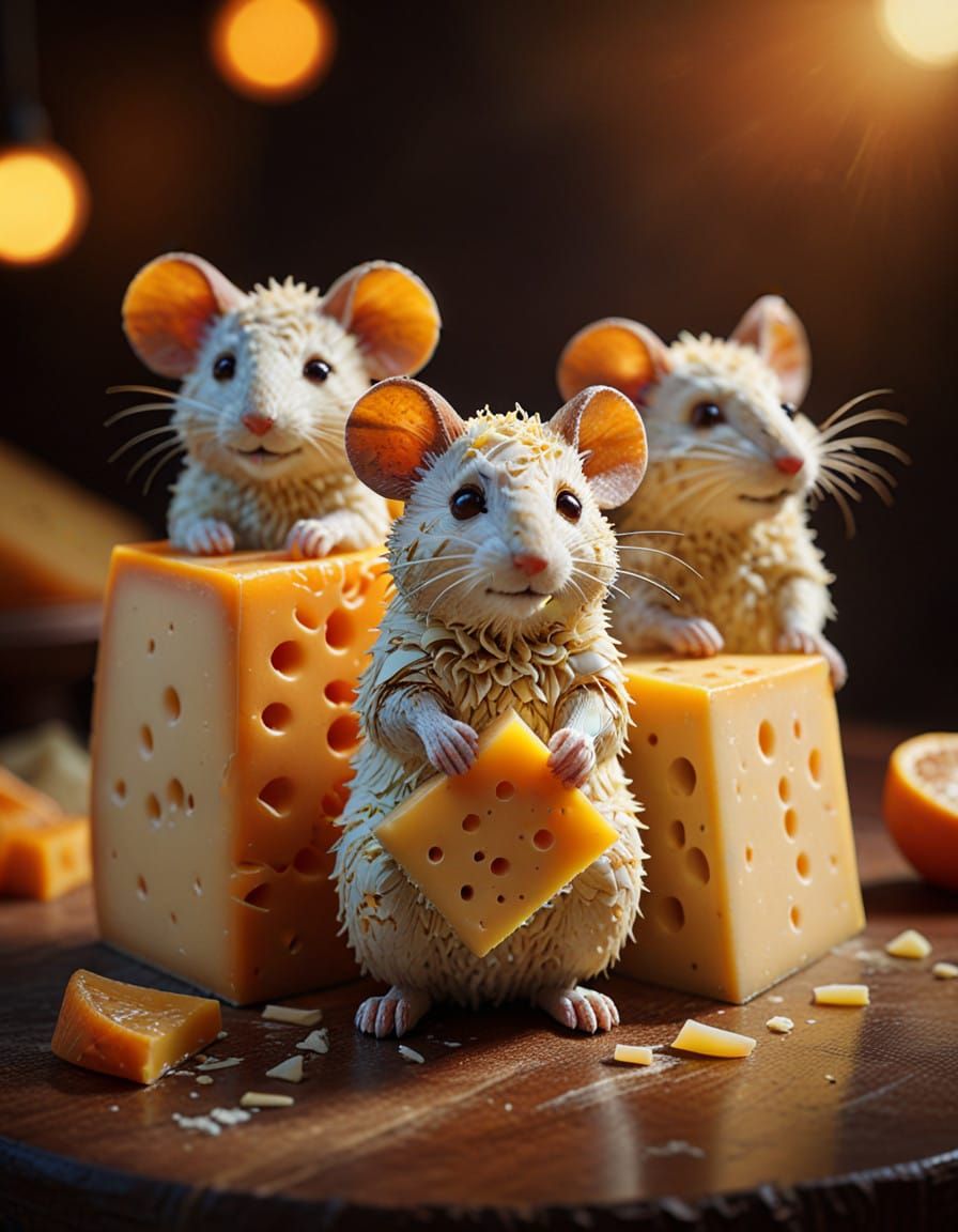 Hyperrealistic Cheese Mice in Artisanal Style