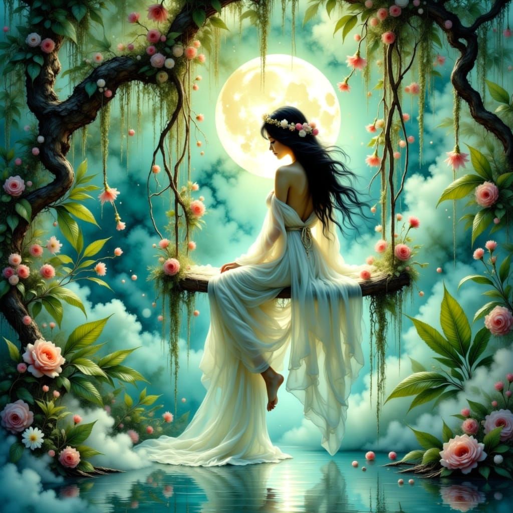 Ethereal Nighttime Dreamscape with a Serene Thai Woman