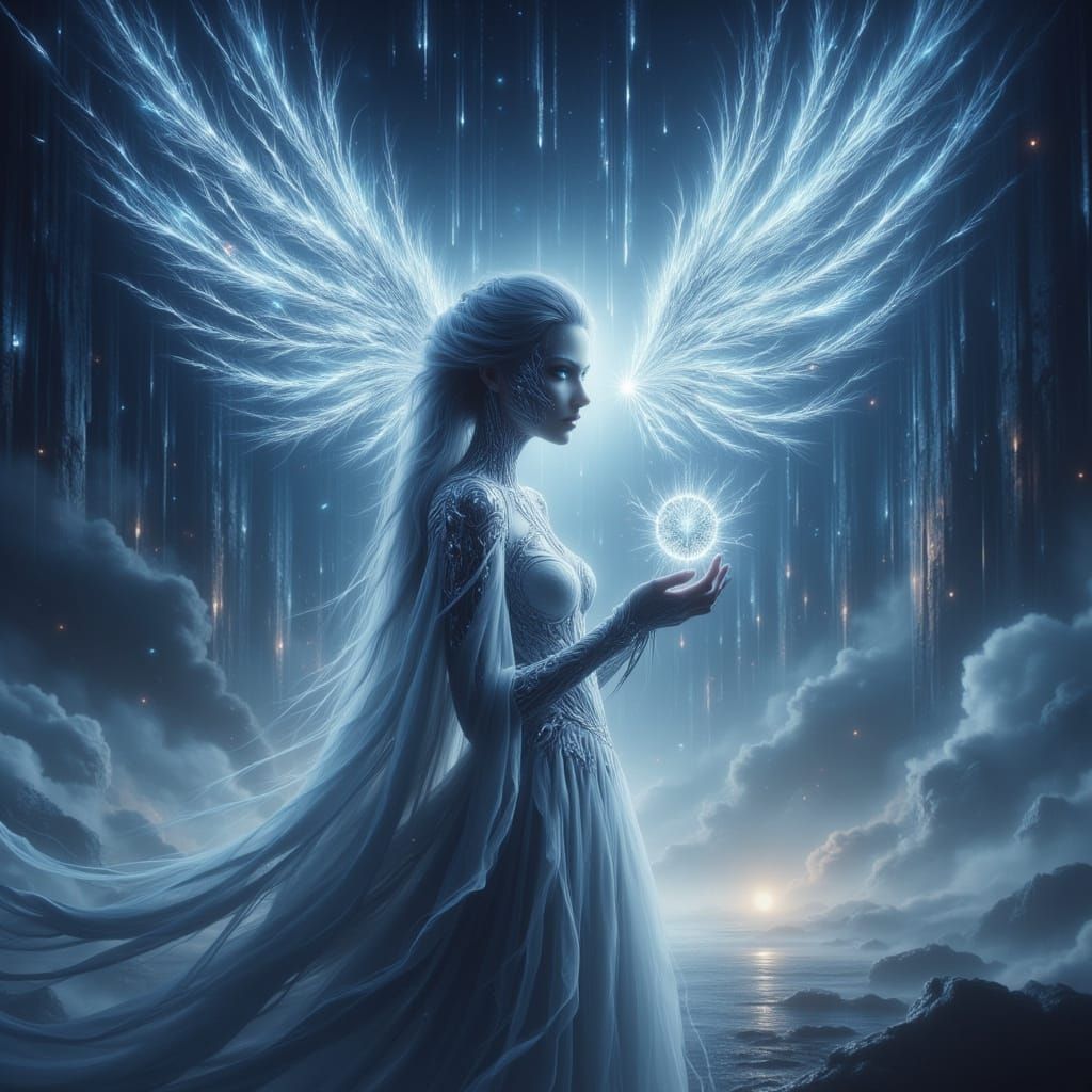 Cosmic Angel with Data Wings and Light Shield