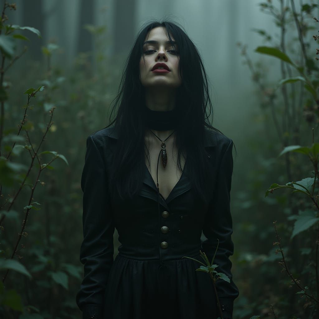 Mysterious Woman Amidst Poisonous Plants in Eerie Tones