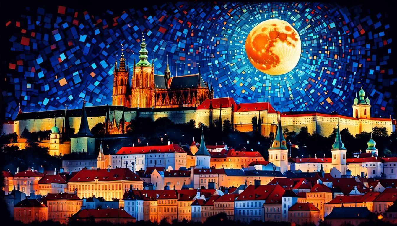 Prague Castle in Abstract Pointillist Style