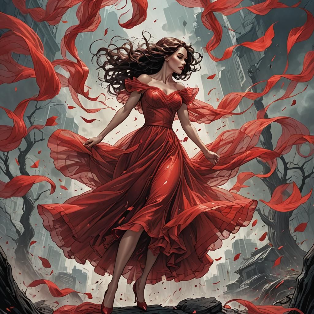 Elegant Lady in Flowing Red Dress, Comic Book Art