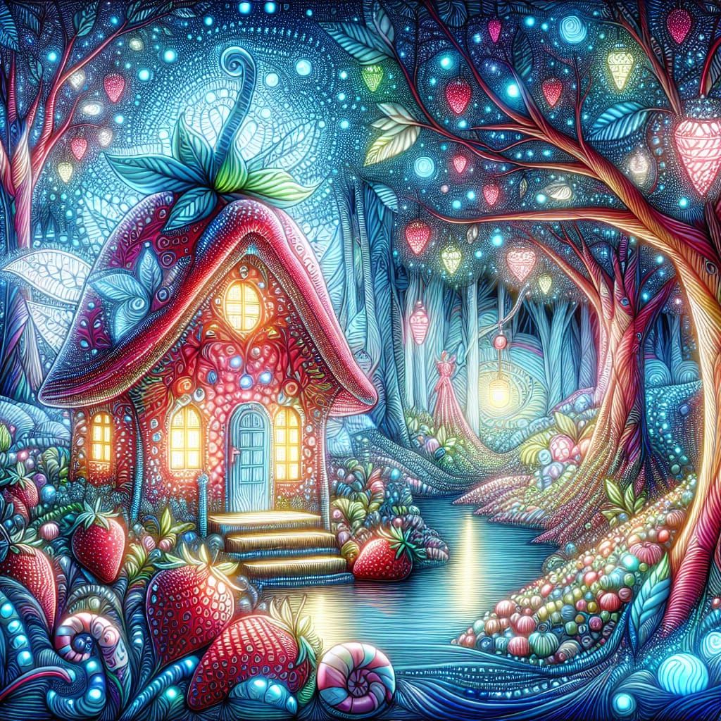 Fairy Strawberry House in Bioluminescent Forest