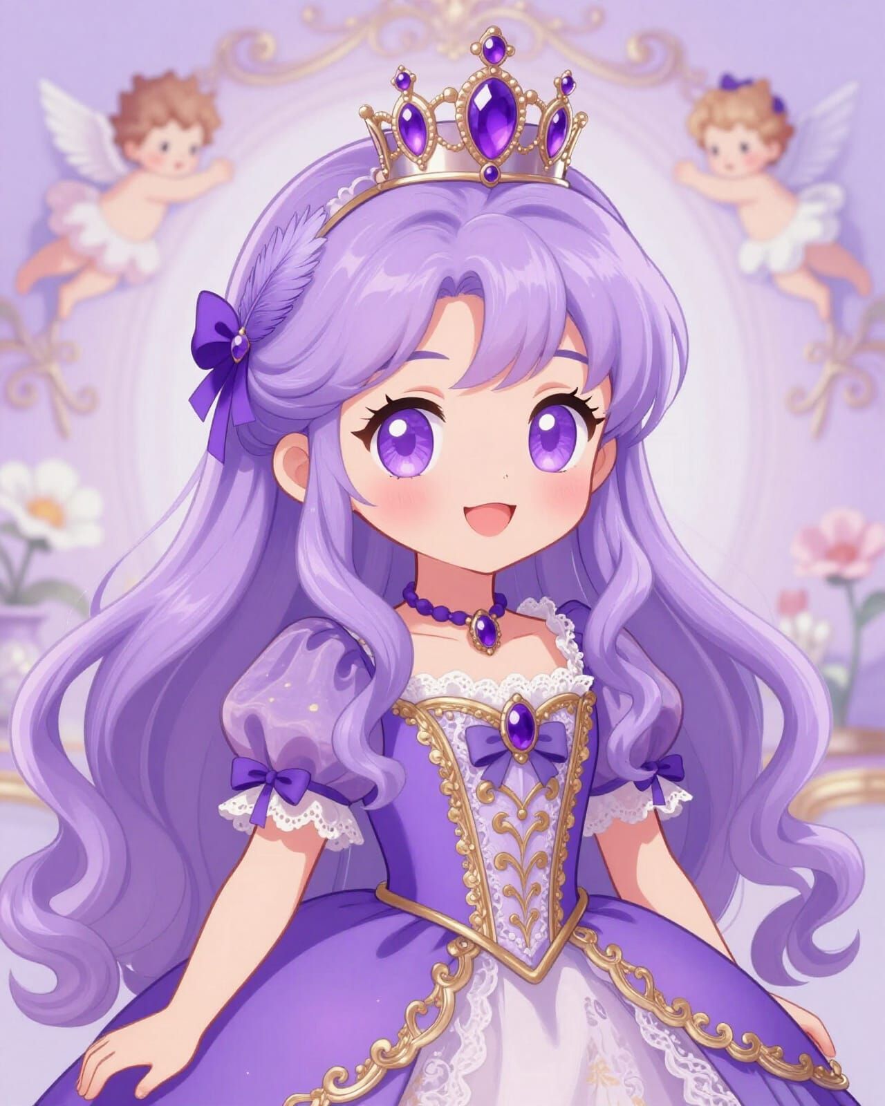 Anime Princess Portrait with Violet Eyes and Lavender Hair
