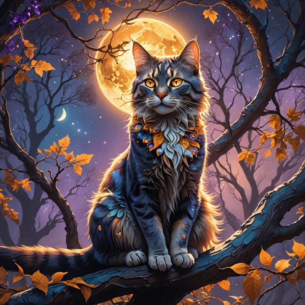 Celestial Cat on Mystical Branch: Fantasy Art