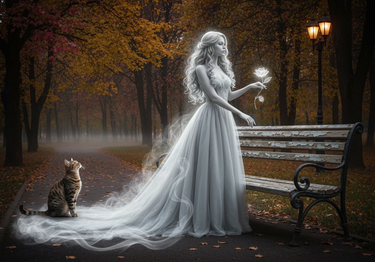 Spiritual Misty Girl with Smoky Veil and Cat