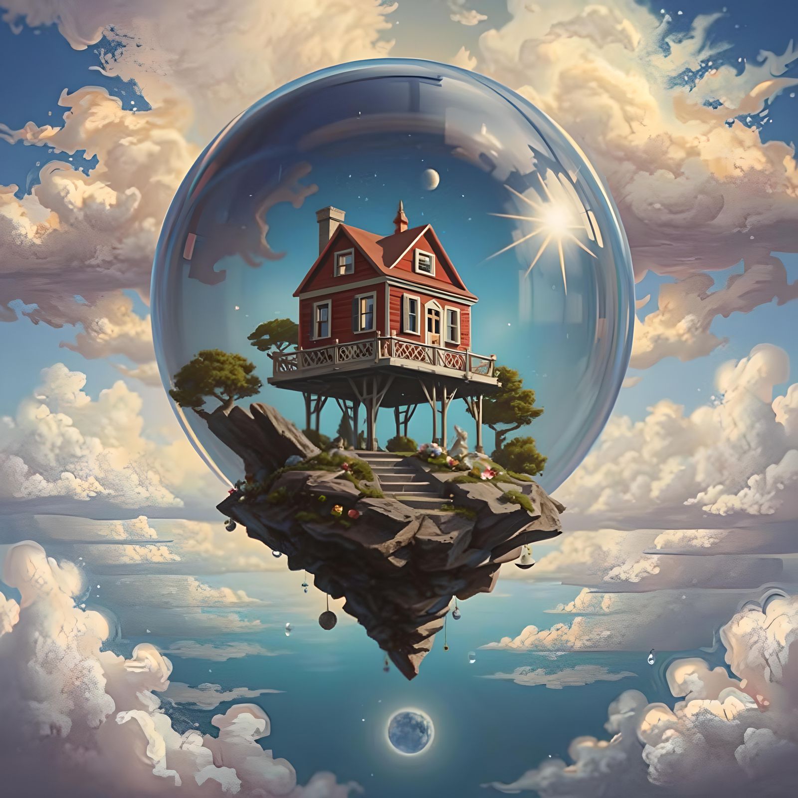 a little red house floating in the sky