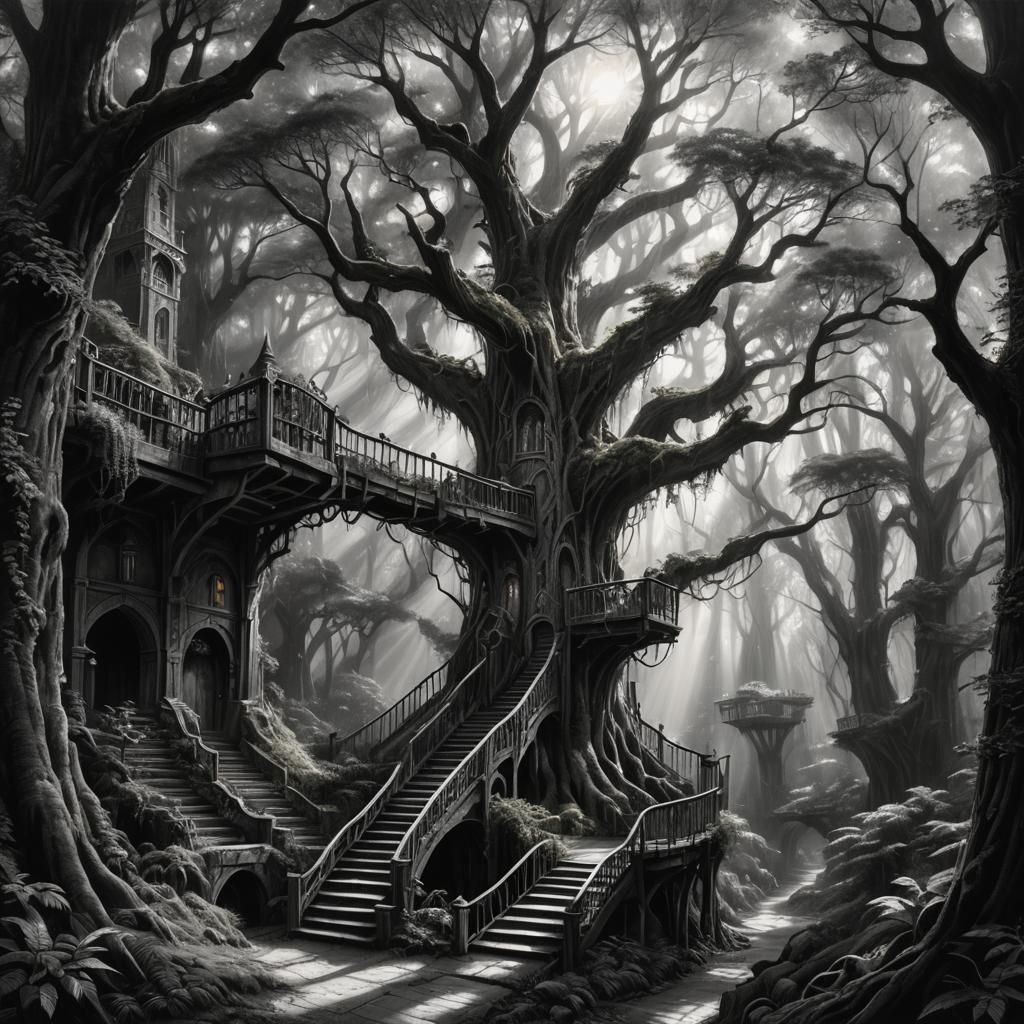 Elvish Tree City in Forest: Charcoal Drawing