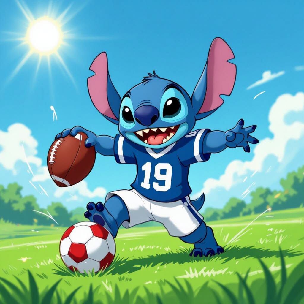 Stitch Plays Football in Cartoon Style