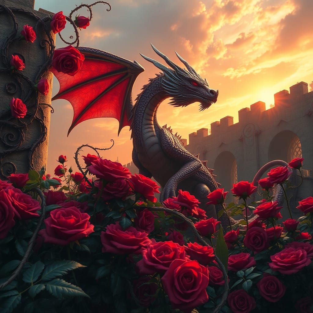 Majestic Dragon Amidst Crimson Rose Garden