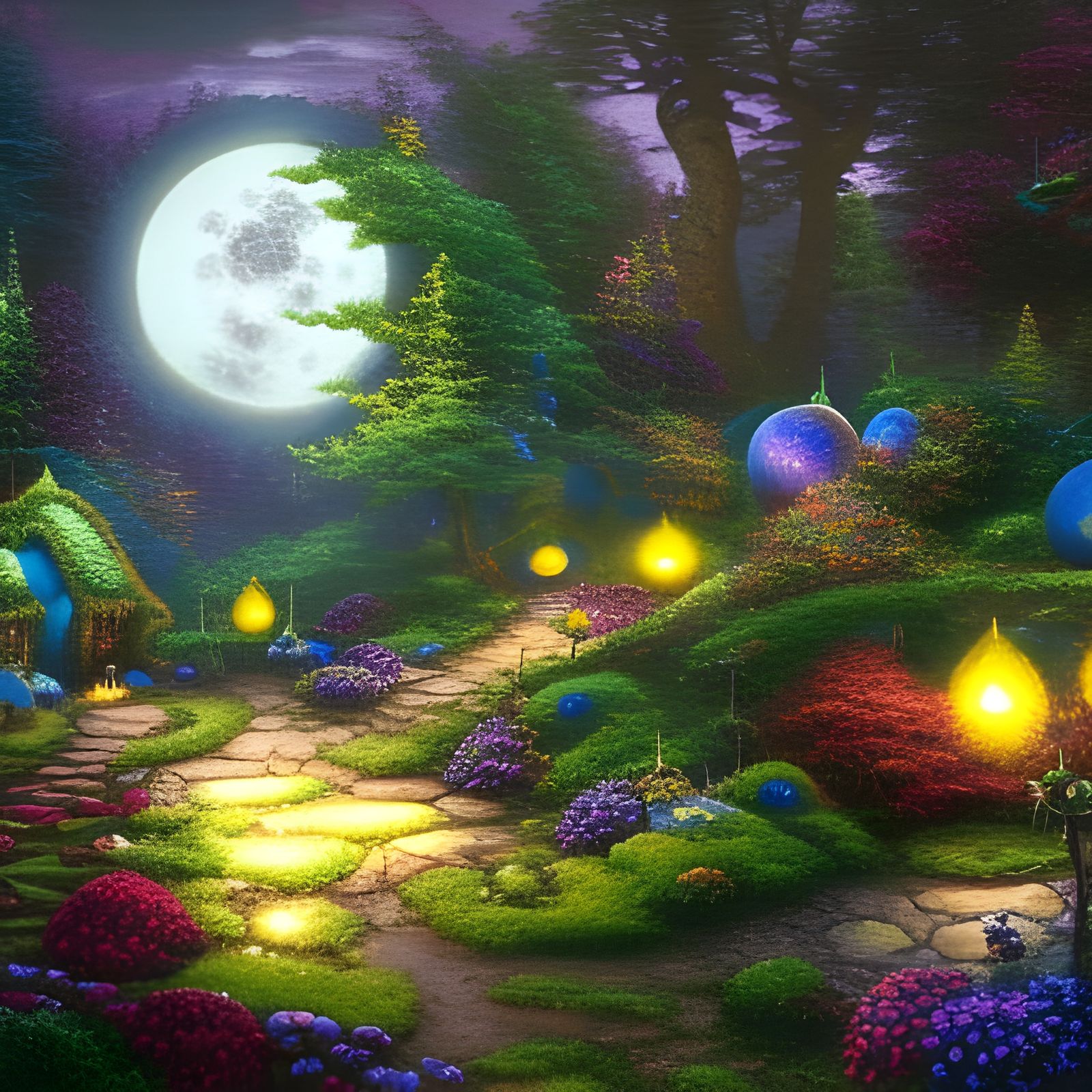 Enchanted Fairy Village Under a Colorful Moon