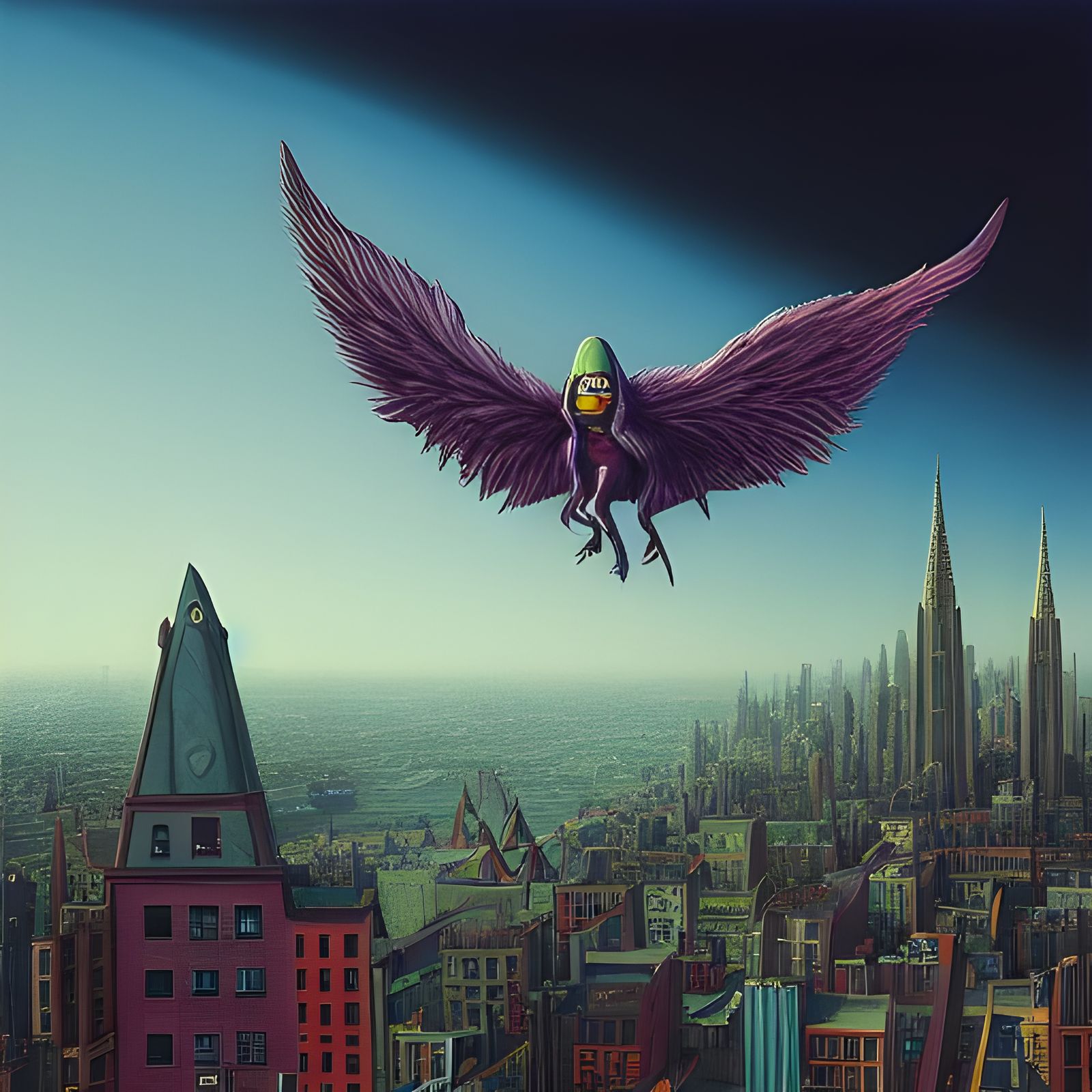Winged Monster Over City, Colorful Digital Art